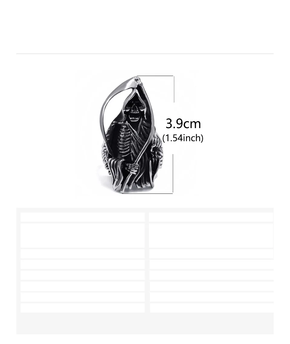 Мужской череп Grim Reaper серебряный черный кольцо из нержавеющей стали 316L Байкер ювелирных изделий Размер 8-13