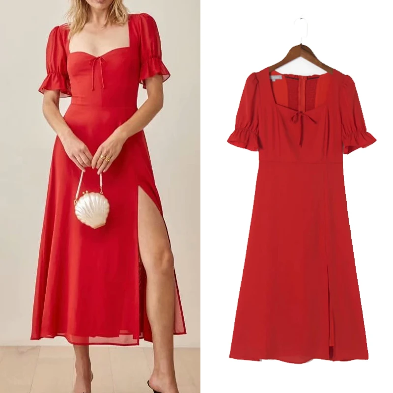 Женское платье с квадратным воротником Za, красное плиссированное вечернее платье с коротким рукавом, открытой спиной, длинными бретелями и вышивкой, лето 2021