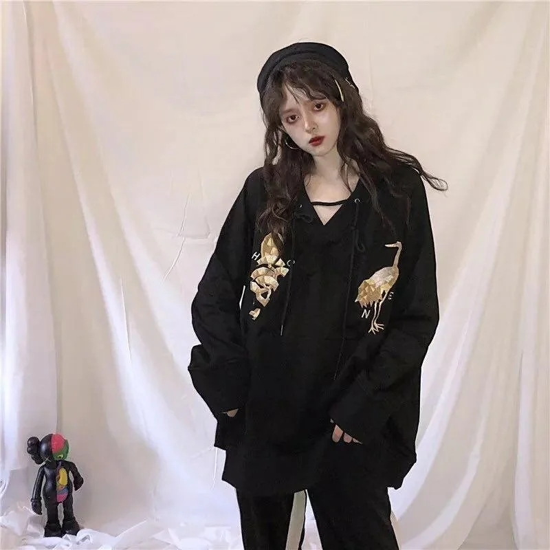 Черная китайская рубашка Harakuju мешковатая одежда для женщин вышивка женский