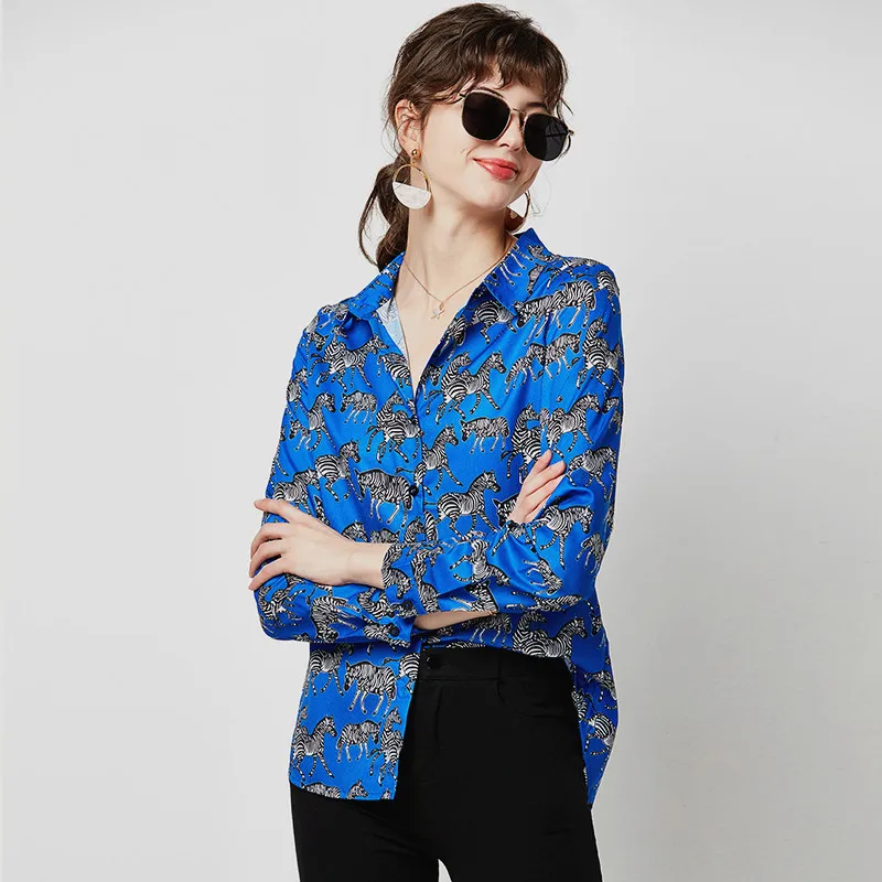 Женская Свободная блуза с длинным рукавом отложным воротником и принтом