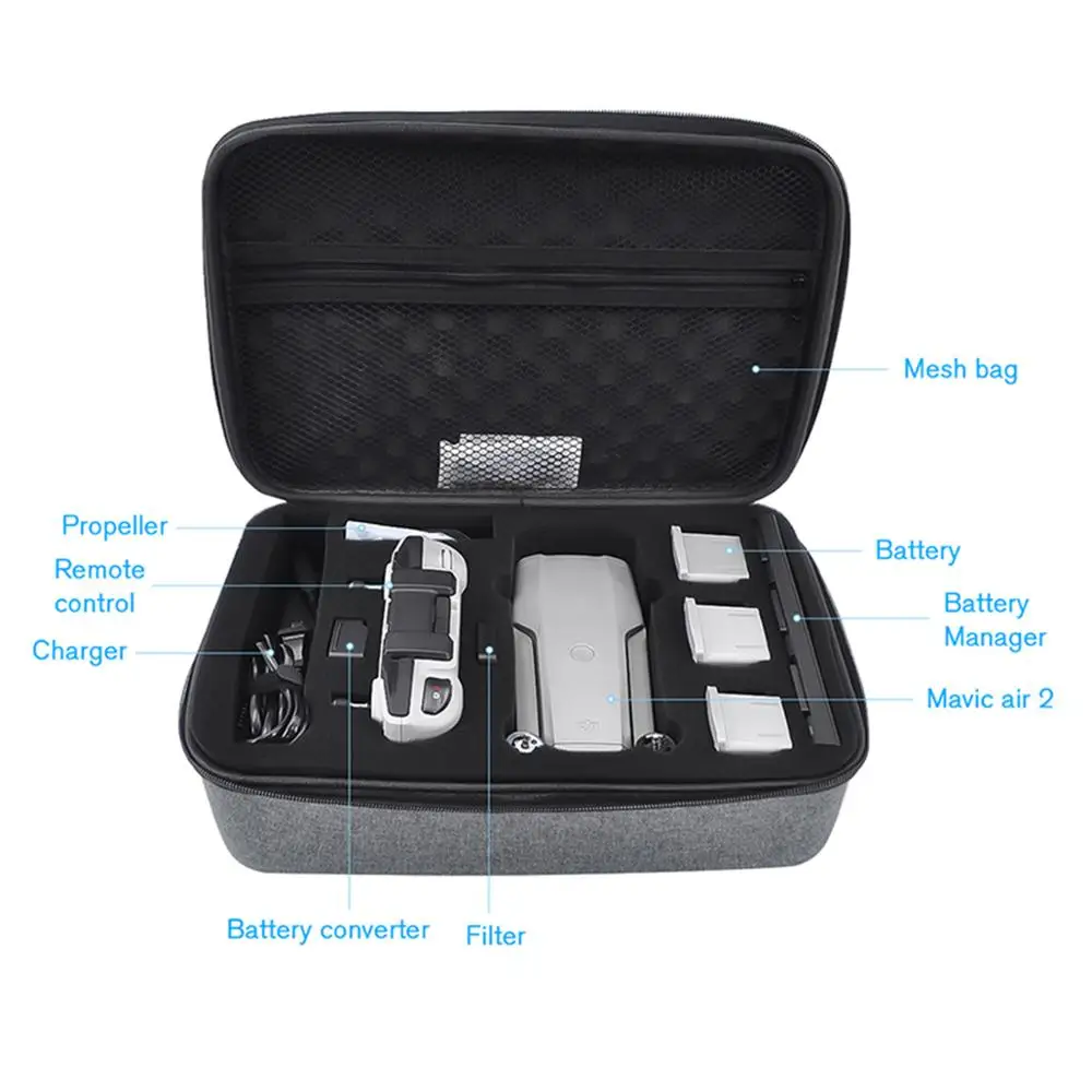 

Drone Controller Carrying Case Portable Travel Hand Bag Gray for DJI Mavic Air 2 Accessories Flying More Combo