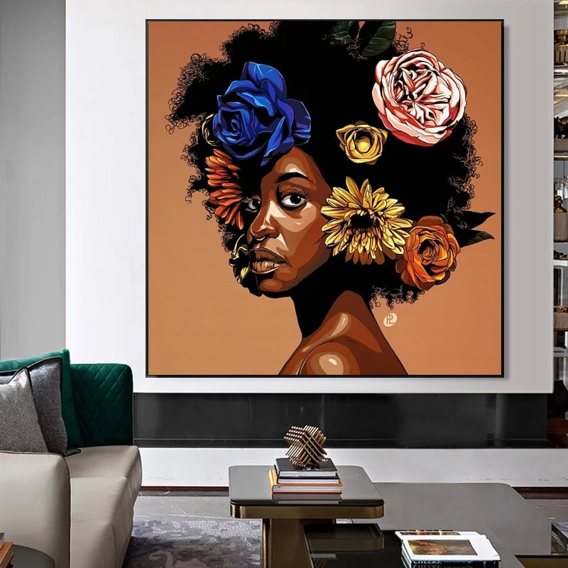 

Black African Woman With Flowers Wall Art Canvas Painting Prints and Pictures Poster for Living Room Home Decoration Cuadros