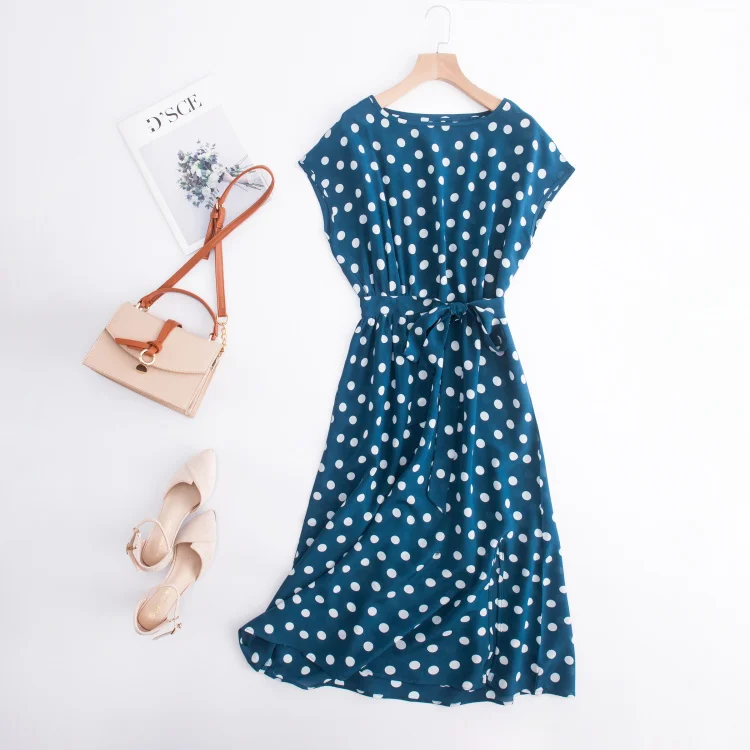 

Women 100% Pure Silk crepe silk blue polka dots Long Dress cap sleeve round neck belt waist side slit JN386