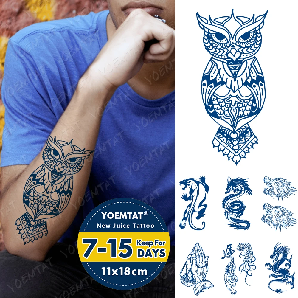 

Juice Ink Lasting Waterproof Temporary Tattoo Stickers Owl Dragon Tiger Wolf Animal Totem Flash Tattoos Man Body Art Fake Tatto