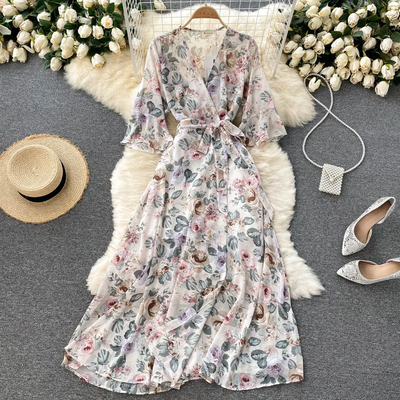 

2021 New Summer Female Temperament VestidosV-neck Trumpet Sleeve Lace-up Self-cultivation Holiday Chiffon Midi Dress DK840