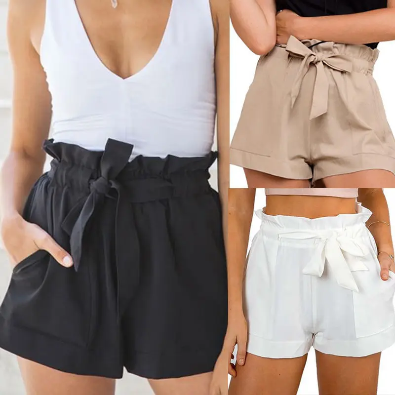 

Hot Sale High Waist Pockets Wide Leg Elastic Loose Fashion Lace Up Simple Slim Straight Shorts Lady Casual Summer Promotion