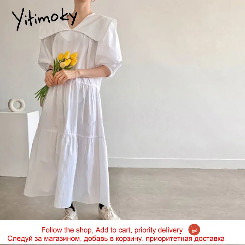 

Yitimoky Casual Woman Dress Big Turn-down Collar Puff Short Sleeve 2021 Summer Fashion New Ruched Simple Loose Long Dresses