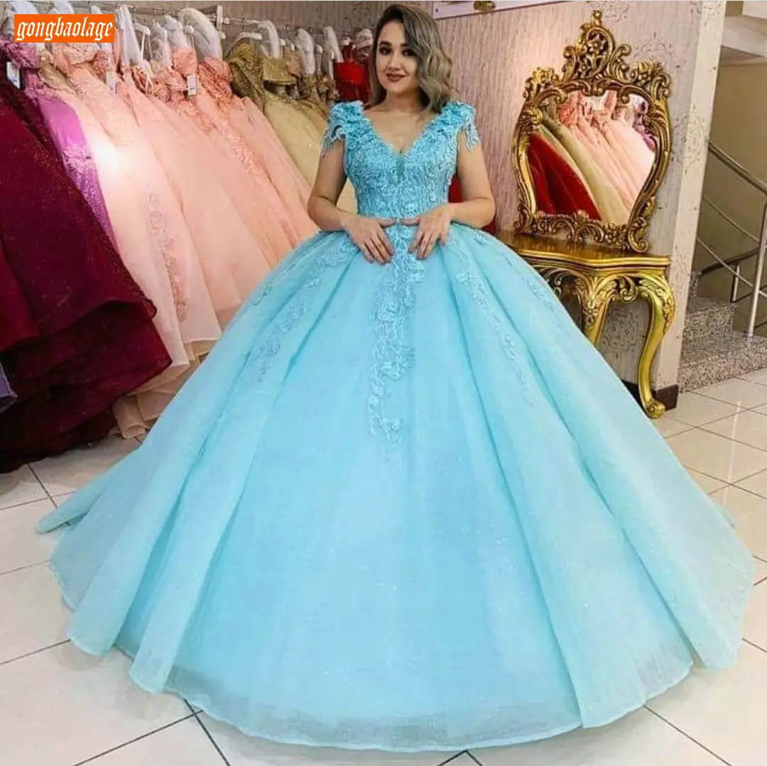 

Gorgeous Ice Blue Long Evening Dresses V Neck Lace Appliqued Organza Ball Gown Formal Dress Women Party Customized Evening Gowns