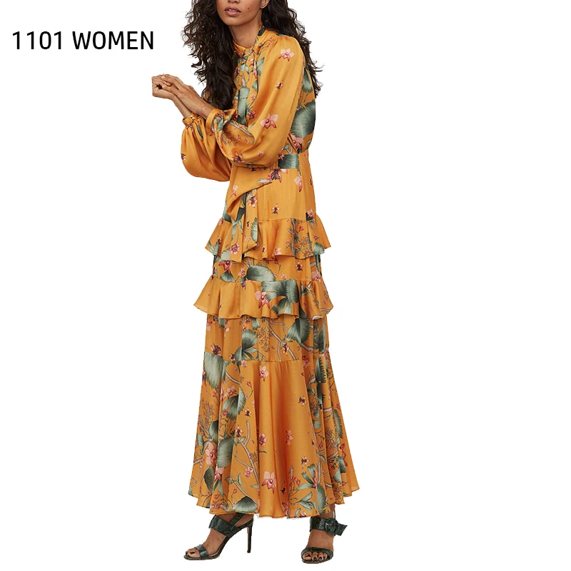 ZA Новое весеннее женское желтое платье с цветочным принтом и бантом