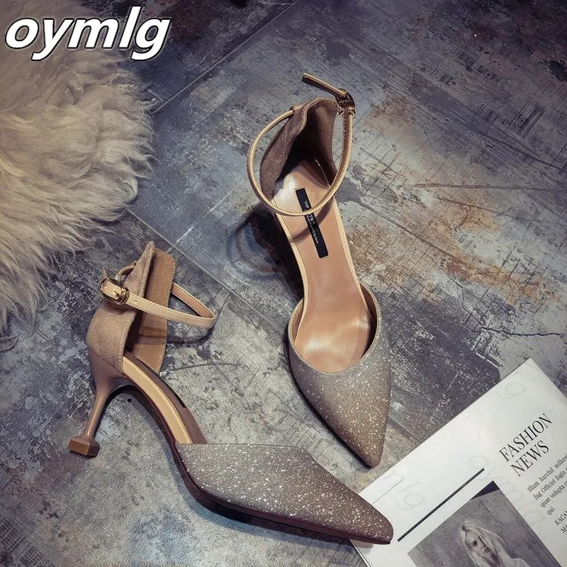 

Women Spring Pointed Toe Sequins Thin Heels Buckle Strap Pumps Woman Bling Fashion Cover Heels Single Shoes Ladies Footwear