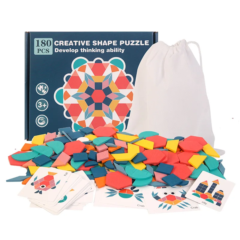 

180Pcs Wooden Creative Shape Puzzles Educational Toy for Children Toddler Learning Wood Montessori Toy Colorful Puzzle