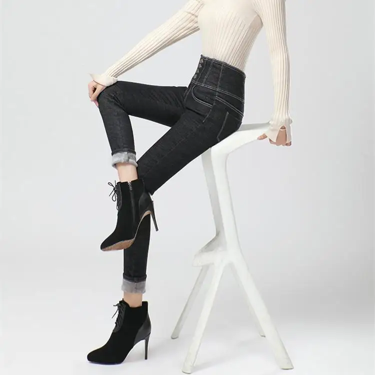 Зимние теплые толстые джинсы карандаш с высокой талией размера плюс джинсовые