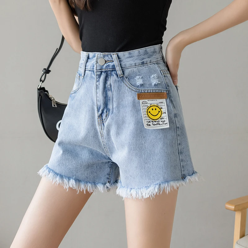 

Women's Denim Shorts Classic Vintage Patchwork High Waist Tassel Blue Wide Leg Female Caual Summer Ladies Shorts Jeans For Women