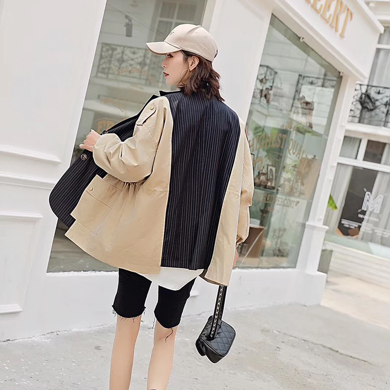 TWOTWINSTYLE хит цветное лоскутное Полосатое Женское пальто зубчатый рукав летучая