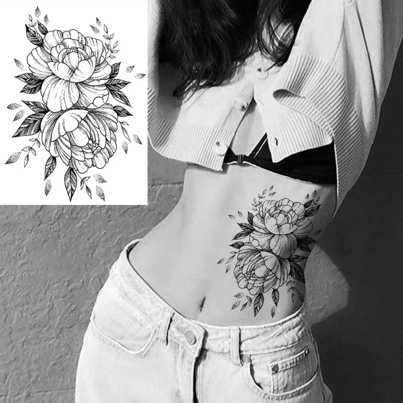 

Black Rose Temporary Tattoo Stickers Waterproof Peony Flower Design Leg Art Tattoo Flash Fake Tattoos Sleeves For Men Women Girl