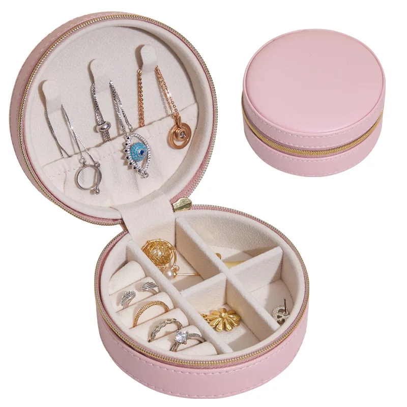 Caja de almacenamiento de joyer&iacute;a port&aacute;til, accesorio redondo y creativo de viaje, de cuero PU, para anillo, boda, fiesta, aniversario, regalo-2