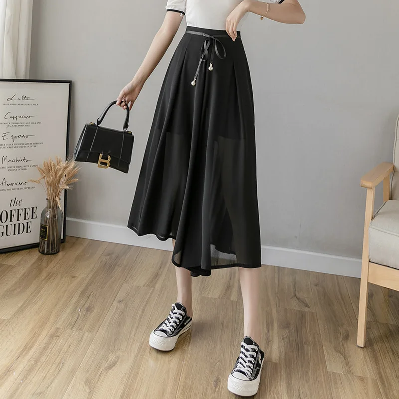

New Korean Chiffon Sashes Elastic Waist Black Wide Leg Pants Women Leisure Calf-length Pant Skirts Streetwear Loose Trousers