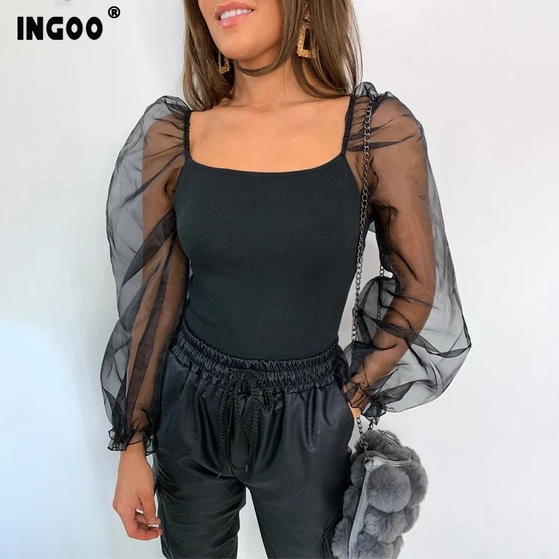 INGOO элегантная сетчатая пышная женская рубашка с длинным рукавом 2020 Весенняя