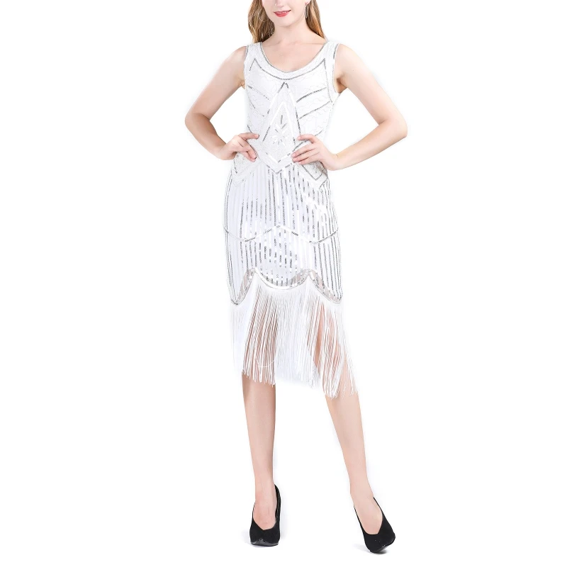 

Women Sleeveless Dense Tassel Hem Dress Latin Dance V-neck Glitter Sequin Slim Dresses Stage Performance Party Club Show Costume