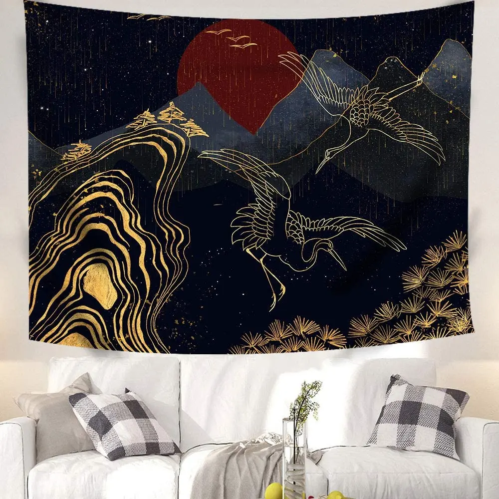 

Mountain Sunset Japanese Tapestry with Golden Lines Crane Art