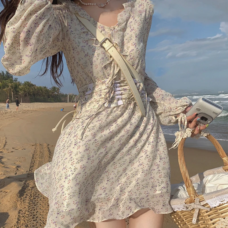 

Sweet Bandage Dresses Females High Waist Long Sleeve Chiffon Mini Dresses Women Korean Style Fashion Dresses 2021 Summer V-neck