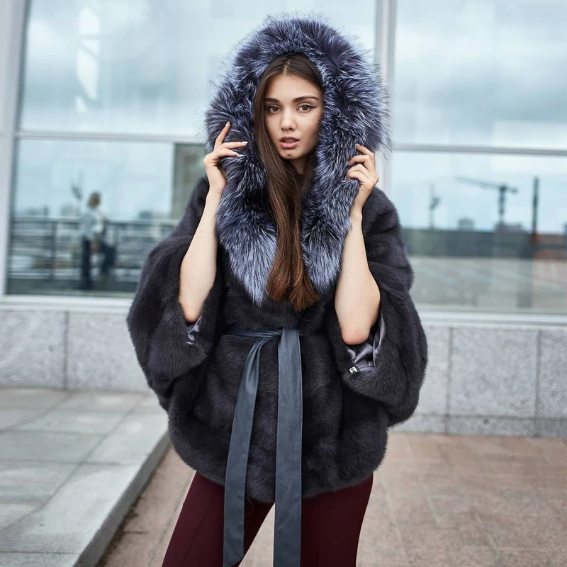 Женское модное пальто из натурального меха норки с капюшоном Меха чернобурки