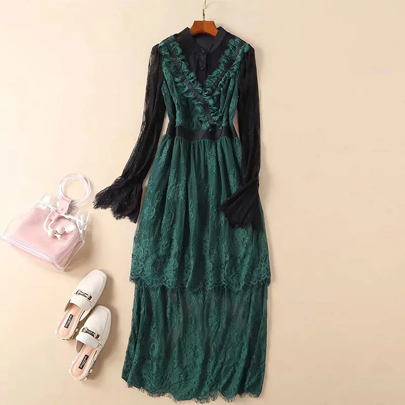 

Spring and Summer New Women's Ruffled Fake V-neck Lace Long Sleeve Pure Green Embroidered High Waist Stitching Long Dress