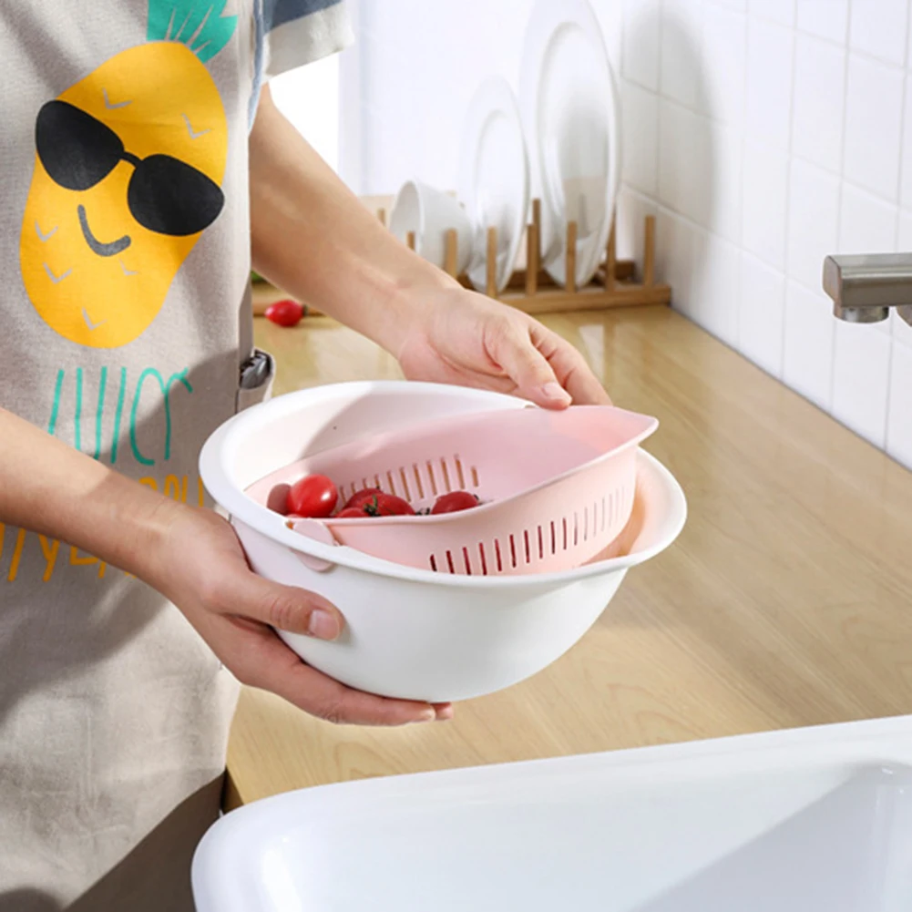 Portable detachable double-layer hollow fruit and vegetable cleaning drain basket Washed rice strainer vegetables basin Dropship |