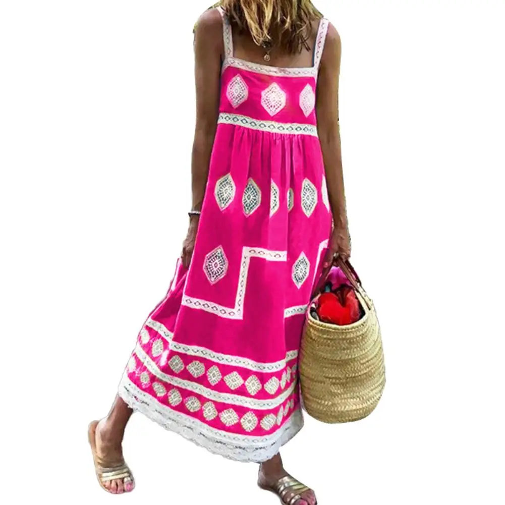 

Women Vintage Summer Sleeveless Rhombus Print Large Hem Beach Long Sling Dress