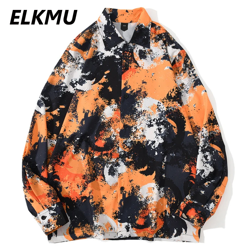 ELKMU Винтаж рубашка с длинным рукавом в стиле хип хоп Картина принт Гавайские