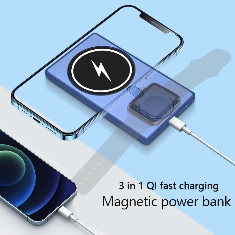 Cargador inal&aacute;mbrico magn&eacute;tico 3 en 1, cargador Qi de carga r&aacute;pida para iPhone 13, 12 Pro Max, Mini Powerbank para Apple Watch-1