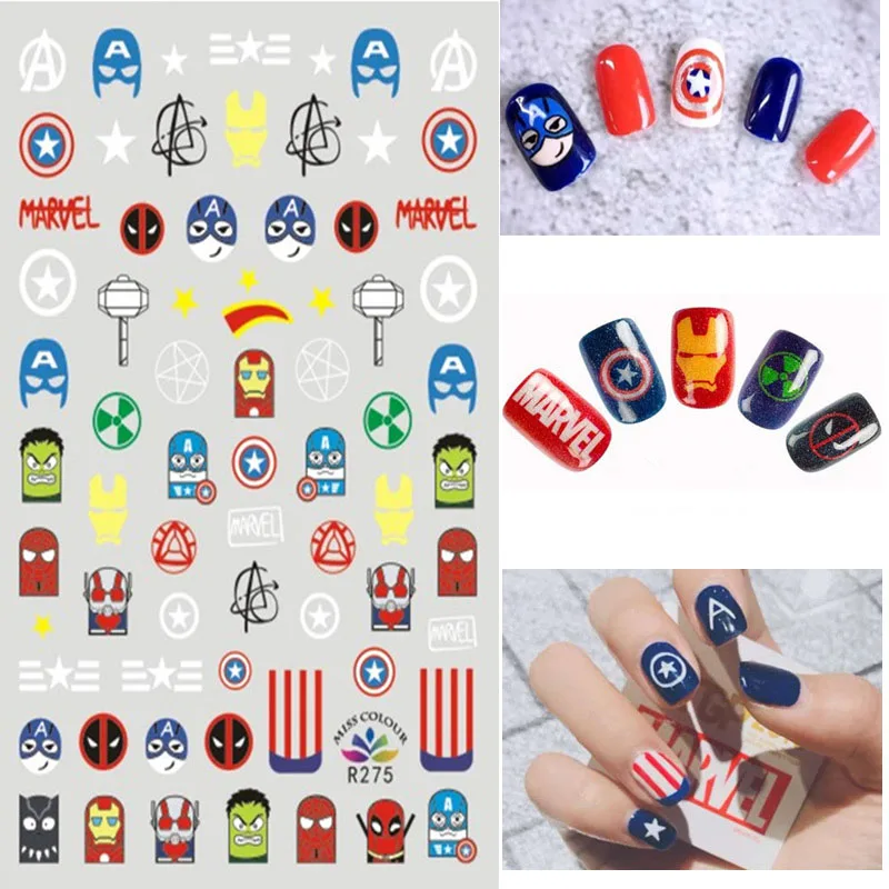 Клейкие 3D наклейки для ногтей Marvel аниме Человек-паук железный человек Мультяшные