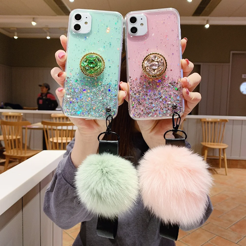 Phone Case For iPhone 12 11 XR X XS Pro Max SE 2020 8 7 6S 6 Plus Cover Bling Glitter Crystal holder+Fur Ball Protective Shell  - buy with discount