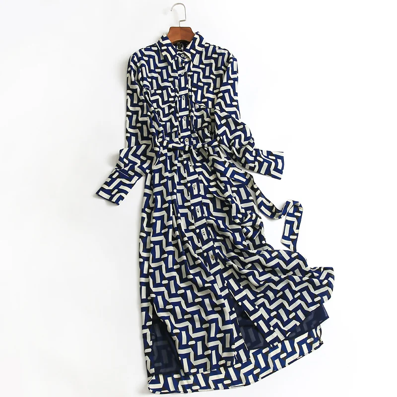 

Women's Spring Autumn Designer Runway Fashion Long Sleeve Geometric Print Dress Female Travel Chic Party Chiffon Dress TB036