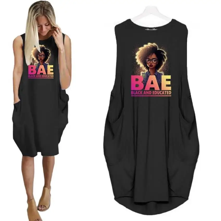 

2021 Women Dress Bae Black And Educate Pocket Loose Sleeveless Dress Print Women Dresses Vestidos Oversized 5XL Dropshipping