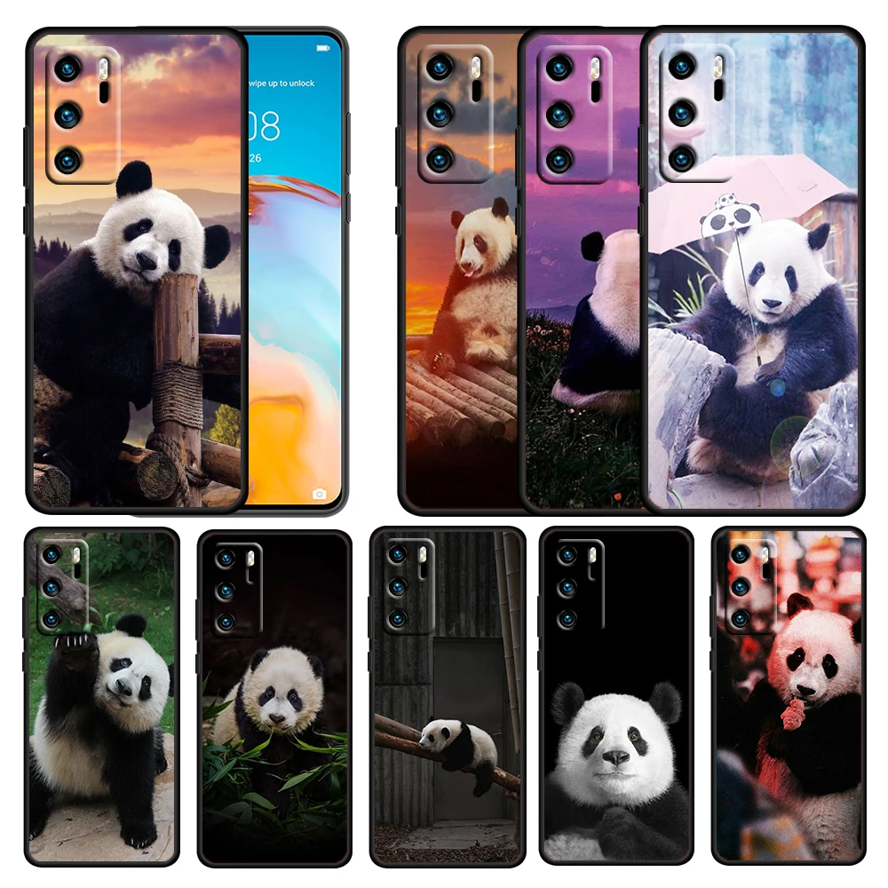 

Panda Cute Kawaii Animal for Huawei P50 P40 E P30 P20 P10 P9 P8 Pro Lite mini 5G Soft TPU Silicone Black Phone Case Cover
