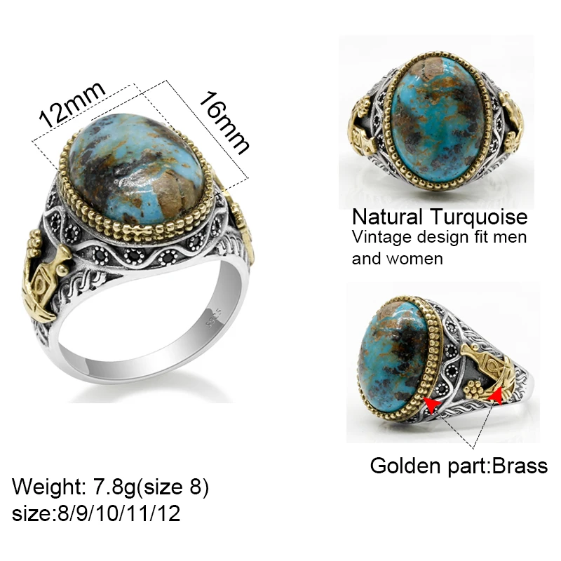 Кольцо бирюзовое в винтажном стиле для мужчин ювелирное изделие ручной работы