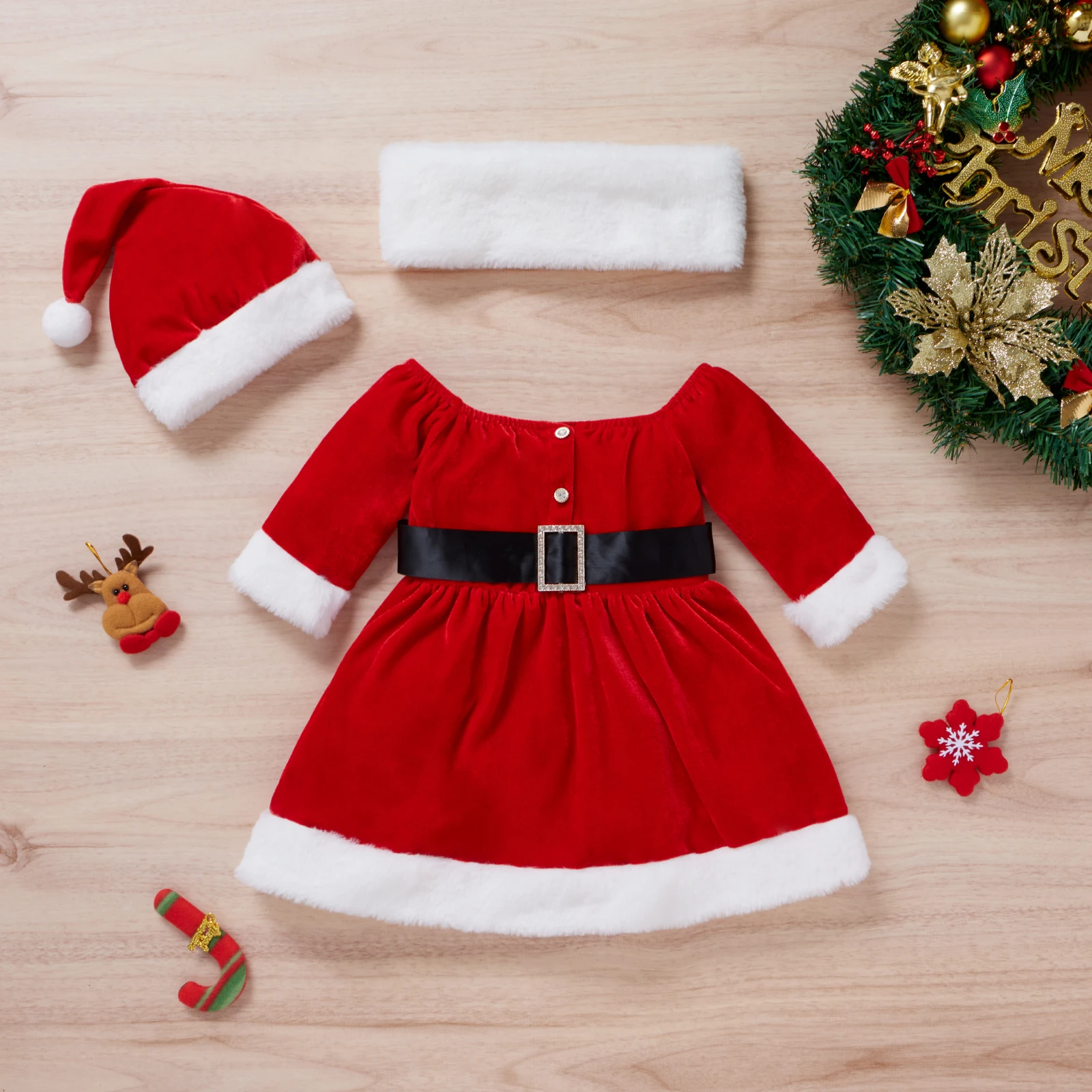 

Baby Girls Christmas Clothes Set Party Long Sleeve Square Collar Xmas Dress+Hat with Ball+Scarf Winter Warm Flannel Clothing