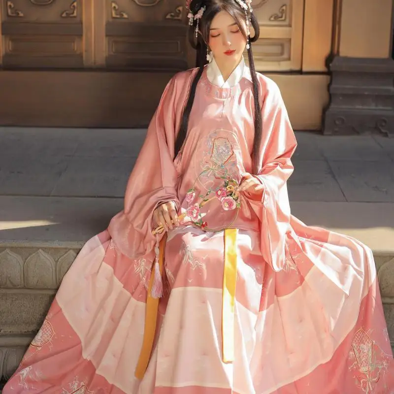 

Женский костюм ханьфу династии Мин, розовое плиссированное платье с круглым вырезом, традиционный костюм ханьфу для весны и лета