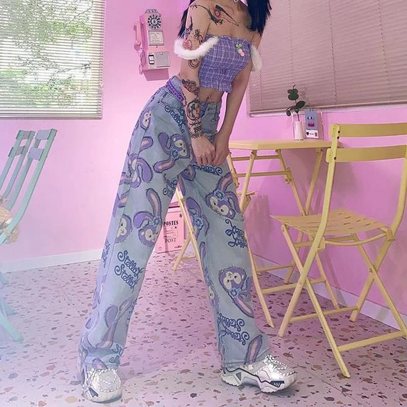 

2021 Women Jeans Straight Pants Oversize Cartoon Rabbit Print Zipper Casual Female Jeans High Waist Long Trousers Large Size Mom