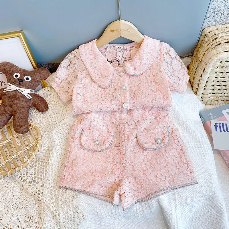 Комплект одежды для девочек новая модная розовая футболка с цветочным кружевом и