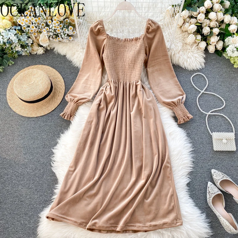 OCEANLOVE бархатные вечерние платье в стиле ретро для банкета элегантная однотонная
