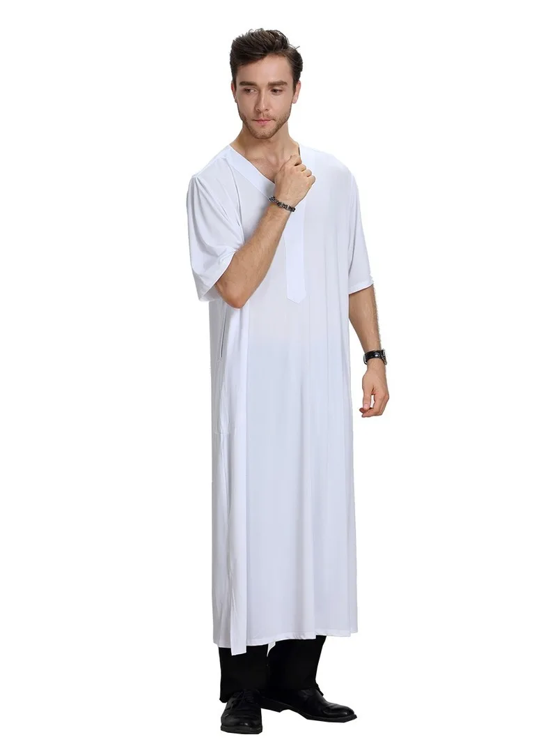 Casual Islamic Men's Clothing Abaya Robe Muslim Jubba Thobe Short Sleeve Loose Shirt Jilbab Moslem Middle East Kaftan Dubai Arab