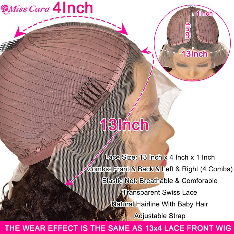 Peluca ondulada de encaje 4x4 para mujer, postizo de encaje transparente HD, parte T, prearrancado, 180% de densidad, peluca rizada húmeda y ondulada