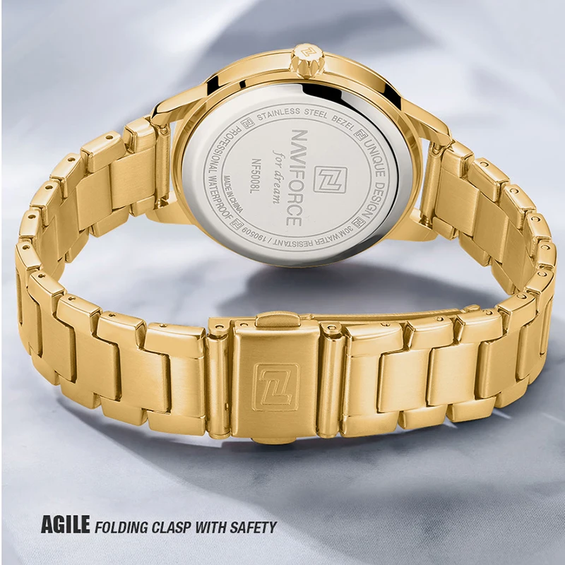 Часы наручные NAVIFORCE женские золотистые роскошные модные повседневные