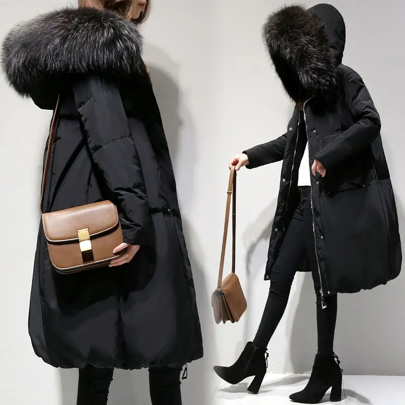 2019 Winter Women Loose Thick Warm Jacket Female Faux Fur Collar Hooded Down Cotton Coat Parkas Outwear | Женская одежда