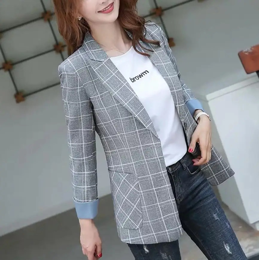 

Spring New British Womens Blazers Long Sleeve Loose Plaid Print Design Casual Female Single Button Office Lady Outerwear Suit