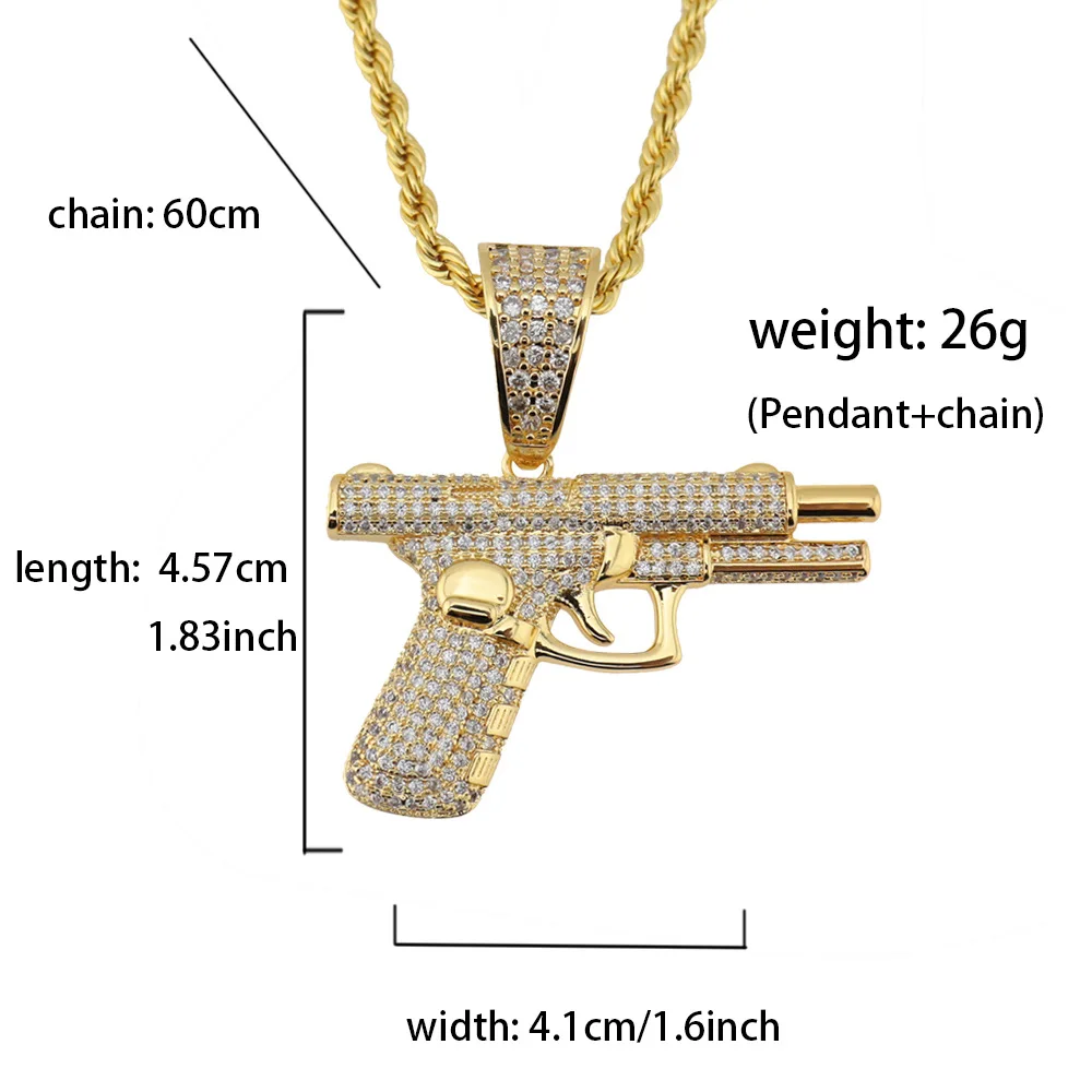 

Hip Hop Gold Color AAA CZ Stone Paved Bling Iced Out Gun Shape Pendants & Necklace for Men Rapper Jewelry
