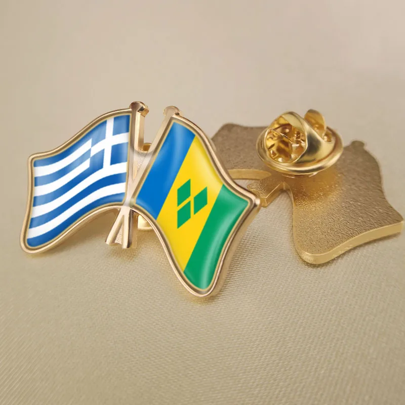 

Greece and Saint Vincent and the Grenadines Crossed Double Friendship Flags Lapel Pins Brooch Badges