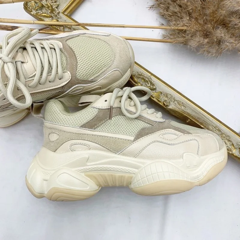

Genuine Leather Retro Women's Chunky Sneaker Vintage Platform Women Dad Sneakers Thick Sole Outdoor Ladies Shoes Leisure Flats